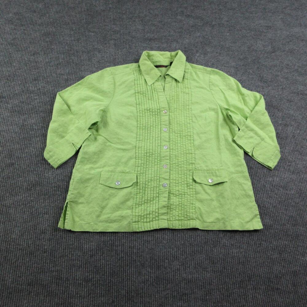 Sara Isabella Tunic Womens 1X Green Linen Button-Up Pleated Pockets 3/4 Sleeve